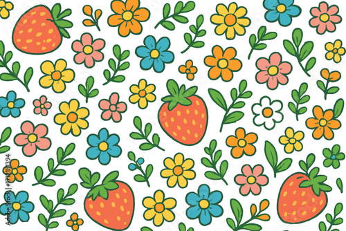 Colorful floral seamless pattern with strawberries and cute flowers. Cheerful summer background. Vector cartoon doodle for textile, wallpaper, fabric, and nursery decoration.