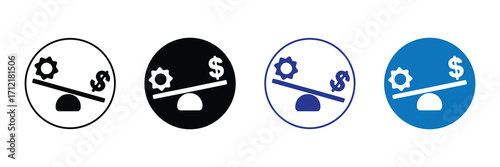 Balance scale icon showing a gear on one side and a dollar sign on the other, representing the balance between work and money, isolated on white background