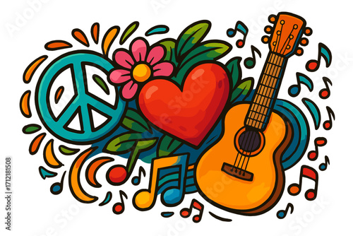 Peace, love, music concept. Hippie groovy retro 60s cartoon illustration. Guitar, heart, flower power symbol. Harmony, festival, Woodstock vibes. Vector art isolated design.