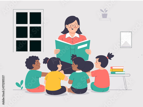 Engaging teacher reading aloud to diverse children, sparking imagination and a love for learning