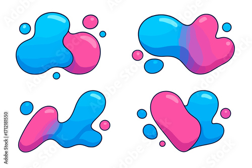 Set of vibrant liquid shapes. Abstract fluid blob with blue and pink gradient. Cartoon splash collection for modern design. Dynamic slime bubble elements for creative graphic.