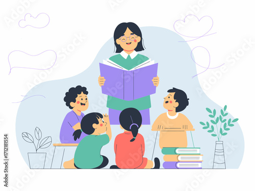 Charming teacher reading aloud to children inspiring imagination and learning in playful atmosphere