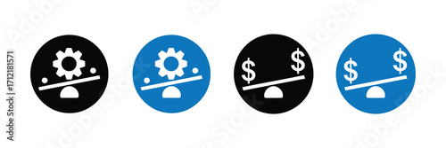 Four icons representing balance, two with gears and two with dollar signs, on a white background