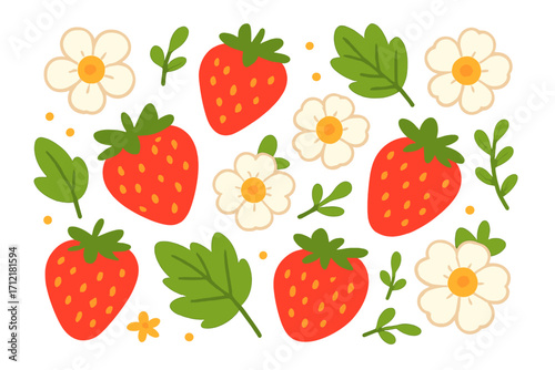 Cute strawberry vector set with flowers and leaves. Cartoon flat illustration of summer garden fruit. Healthy food concept. Red berry, white blossom and green leaf design element pack.