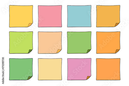 Colorful sticky notes vector set. Blank paper memo squares for reminders. Cartoon illustration. Office supply, message element. Post-it collection isolated on white.