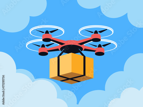 Illustration of  A red drone with four propellers is delivering a yellow package suspended by straps against a bright blue sky with white clouds.