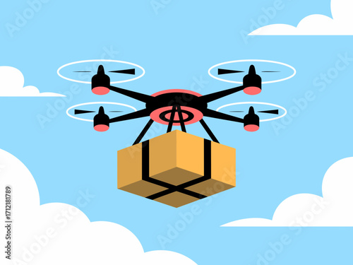 Illustration of  A drone carrying a cardboard box, flying in a bright blue sky with fluffy white clouds.