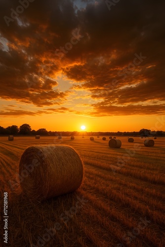 Rural farm field with hay bales at sunset