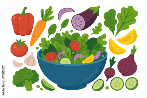 Fresh salad bowl with ingredients. Vector cartoon illustration of assorted vegetables for healthy eating. Organic food concept for diet, nutrition, meal prep. Flat design set.