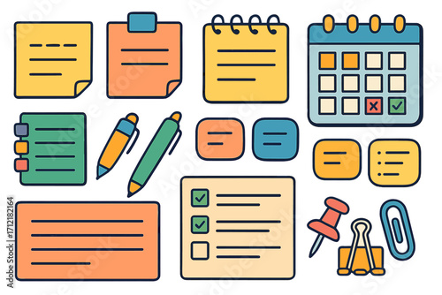 Set of cute planner stickers and stationery items. Vector collection of notes, calendar, to-do list for organization. School supplies, office equipment for scheduling and reminders.