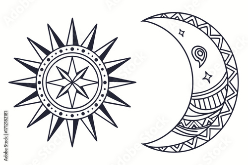 Geometric sun and moon icon set with celestial and cosmic elements