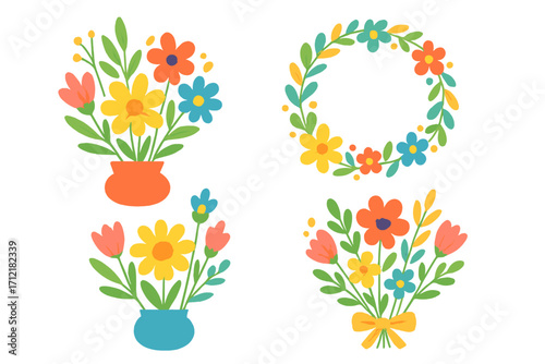 Vector set of colorful spring flower arrangements. Flat design bouquets in vases, floral wreath, tied bunch. Cheerful cartoon illustration for decoration, greeting cards, invitations.