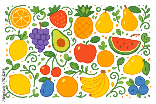 Fruit collection vector flat illustration. Set of colorful fruits and berries for healthy eating concept. Cartoon icons of apple, orange, banana, strawberry for summer design.