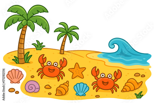 Cute cartoon crabs on a sunny beach with palm trees and shells. Vector illustration of a tropical island paradise. Summer vacation and travel concept with happy sea animals.