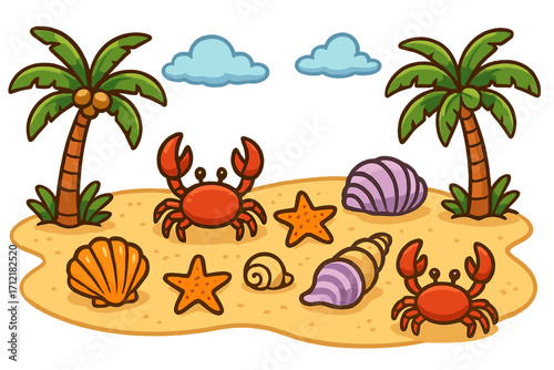 Cute cartoon beach scene with palm trees, crabs, starfish, and shells on a sandy island. Summer vacation and travel concept. Colorful vector illustration set for children.
