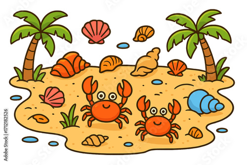 Cute crabs on a sandy beach with palm trees and shells. Cartoon vector illustration for summer vacation. Tropical island doodle with kawaii marine life for kids. Sea animal.