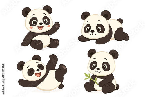 Cute panda bear character set. Adorable cartoon baby animal mascot in playful poses. Vector illustration collection of happy pandas waving, lying down, and eating bamboo.