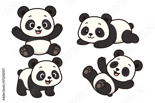 Cute panda character set. Adorable baby pandas in playful poses. Kawaii cartoon vector illustration collection for kids. Happy, funny animal mascot design elements isolated.