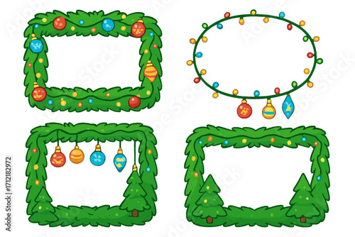 Set of Christmas frames. Cartoon holiday borders with fir branches, festive lights, tree ornaments, and Xmas tree. Winter celebration decorative elements. Vector collection.