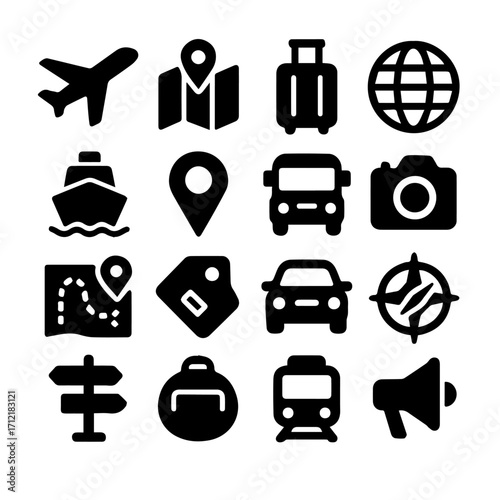 Travel & Navigation Icon Set – 16 Solid Silhouette Icons (Airplane, Map, Globe, Car, Location, Camera, Ship)