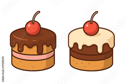 Two delicious layered cakes with cherry on top. Vector cartoon flat illustration set. Chocolate and vanilla dessert pastry for bakery menu, icon or sticker. Sweet food design element.