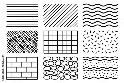 Set of hand-drawn textures and seamless patterns. Collection of vector doodle backgrounds with lines, grids, waves, and scribbles. Abstract geometric monochrome design elements.