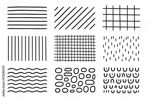 Set of hand-drawn textures and patterns. Abstract doodle scribble background. Vector collection of lines, grid, waves, circles. Minimalist monochrome sketch illustration.