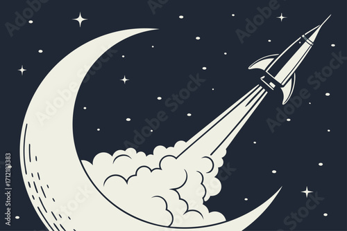 Rocket launching from a crescent moon silhouette against a starry night sky