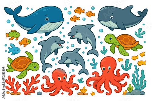 Diverse marine life illustration with cartoon whales, dolphins, turtles, octopuses, colorful fish, coral reefs, underwater seaweed, playful sea animals vector art for children