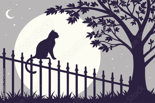 Silhouette of a cat on a fence under a full moon