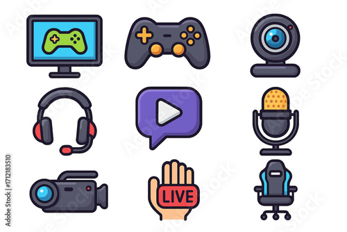 Esports streaming icons set featuring gaming controllers, headset, webcam, microphone, video camera, live stream hand, play button chat bubble, and gaming chair, vector cartoon illustration