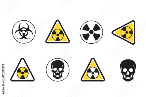 Radiation sign, biohazard sign and toxic sign set vector . Set of hazard danger yellow and black vector signs symbol. Danger, warning icon set. Silhouette and outline style. Vector illustration.