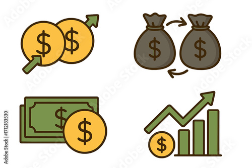 Financial symbols and concepts illustrating money transactions, investment strategies, cash flow, profit growth, dollar currency icons, simple flat vector cartoon design with transparent background