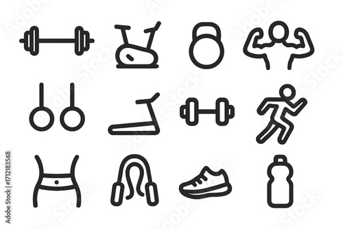 Minimalistic fitness icon set with gym equipment and activity symbols, vector cartoon illustration, transparent background, ordered collection, exercise, workout, training, health