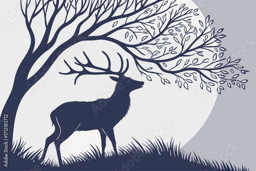 Majestic deer silhouette with tree branch antlers
