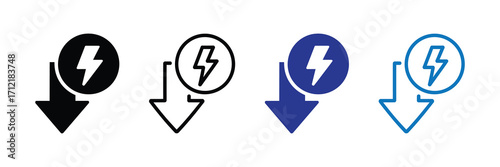 Set of four icons representing a downward arrow combined with a lightning bolt symbol, indicating a decrease in power or energy, isolated on white background
