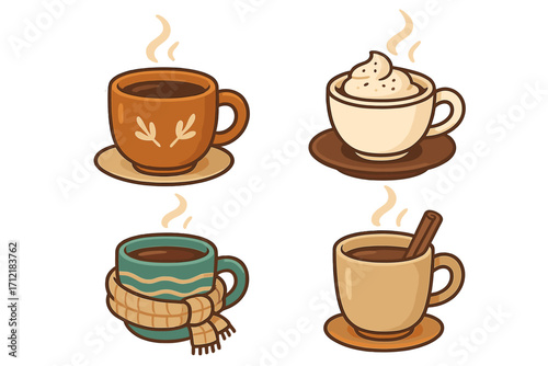 Hot beverages in stylish cups with steam, cozy autumn drinks set, coffee, tea, cappuccino with whipped cream, warm scarf, cinnamon stick, relaxing afternoon vibes vector cartoon illustration