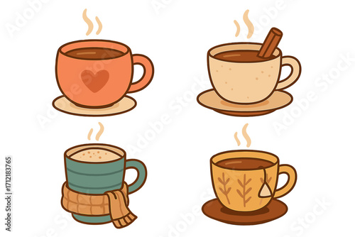 Hot beverages in stylish cups representing cozy moments warm drinks coffee tea cocoa cinnamon autumn relaxing afternoons home comfort vector cartoon illustration set