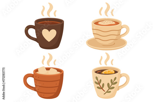Hot beverages in stylish cups, cozy drinks collection, steaming coffee, tea with lemon, marshmallows, latte art, relaxing afternoons at home, cartoon vector set