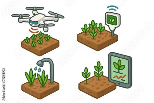 Isometric smart farming technology icons including drone monitoring, soil sensors, automated irrigation, and digital crop management, vector cartoon illustration set with transparent background