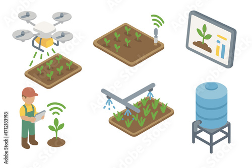 Isometric farming technology icons with drone, soil sensor, irrigation system, farmer using tablet, plant growth monitoring, water tank, smart agriculture vector set