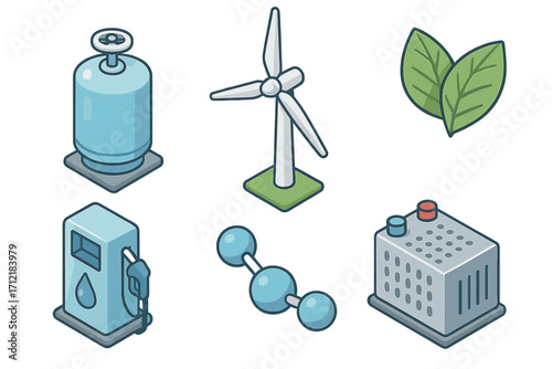 Isometric Renewable Energy Icons Featuring Hydrogen Fuel, Wind Turbine, Gas Cylinder, Leaf, Fuel Pump, and Energy Storage Battery Vector Cartoon Illustration