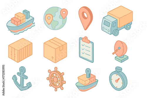 Isometric Shipping and Navigation Icons Set in Soft Pastel Colors, Vector Cartoon Illustration with Transparent Background, Cargo Transport, Logistics, Delivery, Maritime, and Location Symbols