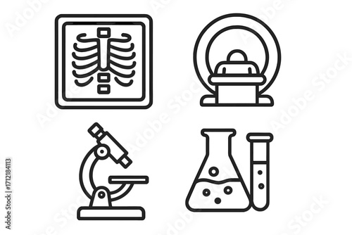 Linear medical icons set featuring X-ray, MRI scanner, microscope, and laboratory equipment. Vector cartoon illustration with transparent background. Medical diagnostic and research tools.
