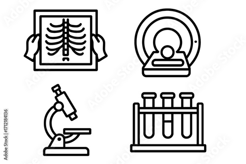 Linear medical icons set featuring X-ray scan ribs, MRI machine diagnostics, microscope for lab research, test tubes in rack for laboratory analysis, vector cartoon illustration