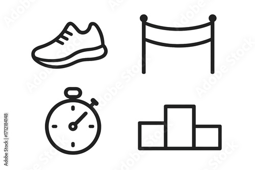 Minimalist athletics icons set featuring running shoes, finish line, stopwatch, and winner podium. Simple black line vector illustrations for sports, fitness, competition, training, and race concepts