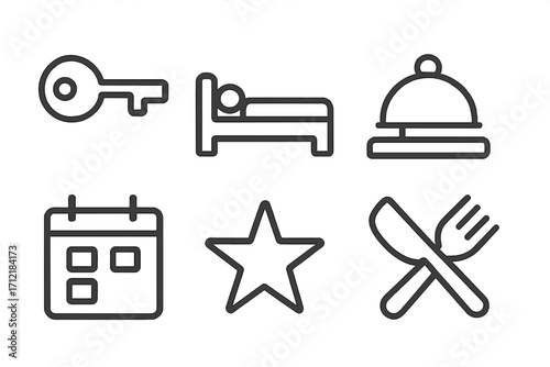 Minimalist hotel icon set with key, bed, bell, calendar, star, dining symbols, vector cartoon illustration, transparent background, organized and modern design for hospitality and travel