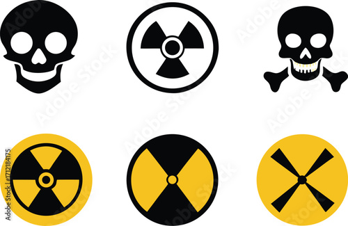 Radiation sign, biohazard sign and toxic sign set vector . Set of hazard danger yellow and black vector signs symbol. Danger, warning icon set. Silhouette and outline style. Vector illustration.