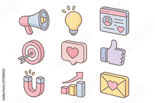 Pastel isometric marketing and social media engagement icons, vector cartoon illustration, transparent background, ordered set, digital marketing symbols, social media interaction, modern design