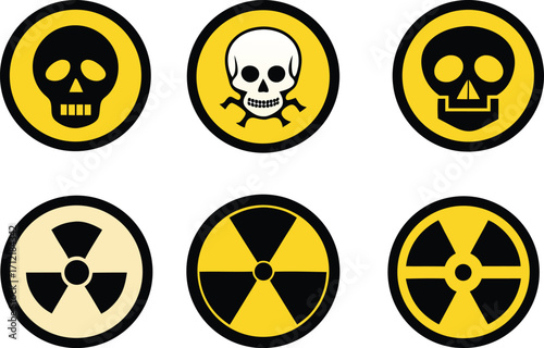 Radiation sign, biohazard sign and toxic sign set vector . Set of hazard danger yellow and black vector signs symbol. Danger, warning icon set. Silhouette and outline style. Vector illustration.